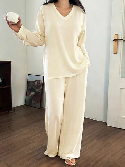 DAZY 2pcs/Set Women Minimalist Brushed V-Neck Solid Color Long Sleeve T-Shirt And Straight Leg Pants Pajama Set, Spring