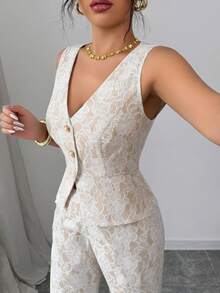 Elenzga 新款优雅女士休闲蕾丝套装，蕾丝撞色珍珠纽扣，适合情人节约会、万圣节、返校季、春夏蕾丝套装、女士夏季套装、办公室职业装、教师装、通勤、休闲、度假等场合。 - 米色 - 查看 3