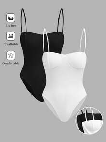 SHEIN EZwear 女士黑白针织吊带连体衣，修身款，夏季 - 彩色 - 查看 1