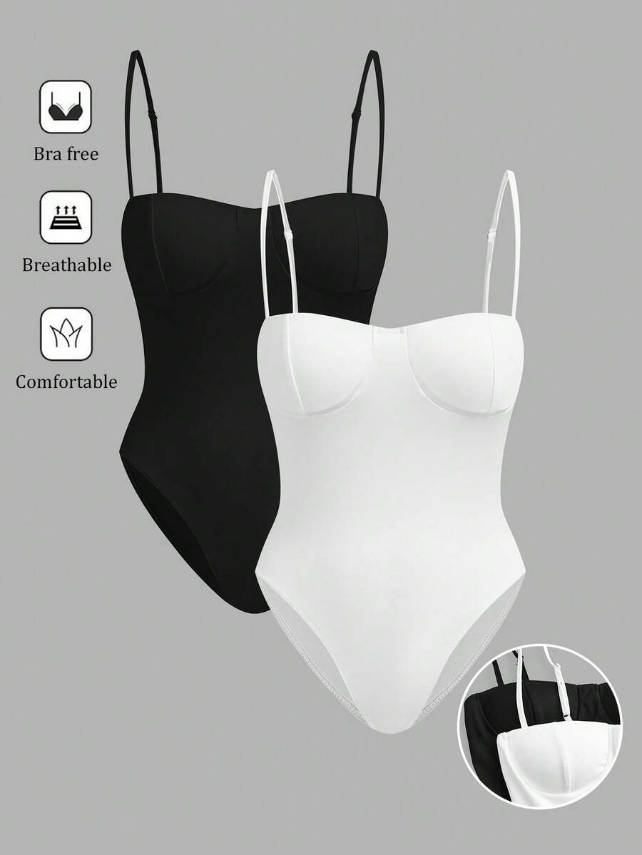 SHEIN EZwear 女士黑白针织吊带连体衣，修身款，夏季 - 彩色 - 查看 1