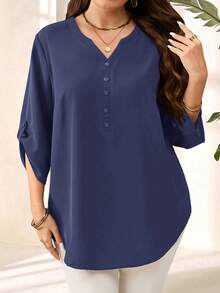 Miaspire Blusa de verano casual de unicolor azul de manga 3/4 para mujer de talla grande, ideal para primavera temprana, verano, vacaciones, vacaciones de primavera, vacaciones, salidas, nueva colección 2026, simple y de moda para uso diario, blusas de cuello en V para mujeres - Azul - Ver 5