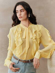 Anewsta Áo kiểu nữ thanh lịch, kiểu dáng tối giản, thắt nơ phía trước, tay dài, viền bèo nhún, màu vàng nhạt, thích hợp cho công sở. - Màu vàng - Xem 6