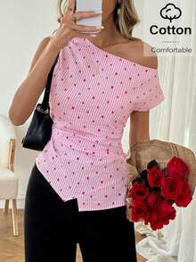 SHEIN LUNE 女士休闲条纹爱心装饰吊带衫，日常百搭，春夏粉色上衣，适合夏季穿着，春季女装，情人节必备，外出必备，休闲女式衬衫，度假必备，夏季休闲装 - 粉色 - 查看 3