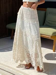 DAZY Bohemian Hollow Crochet Lace Drawstring Waist High Waist A-Line Skirt For Women, Spring - Apricot - View 4