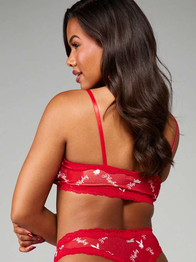 Missguided x Playboy Printed Lace Trim Bra And Panty Set With Logo Pattern Intimate Lingerie Collection