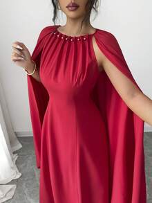 SHEIN Raffinéa 女士优雅派对宴会串珠褶皱披肩袖收腰连衣裙 - 紅色 - 查看 4