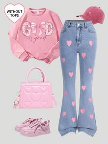 SHEIN ChillGRL Teen Girls Y2K Style Denim Jeans, Valentine's Day Heart Element, New Arrival, Casual Fashionable Versatile, Suitable For Various Styles, Cute Rabbit Girl Print, Retro Medium Blue Wash, New Simple Versatile Blue Washed Flare Jeans - Light Wash - View 4