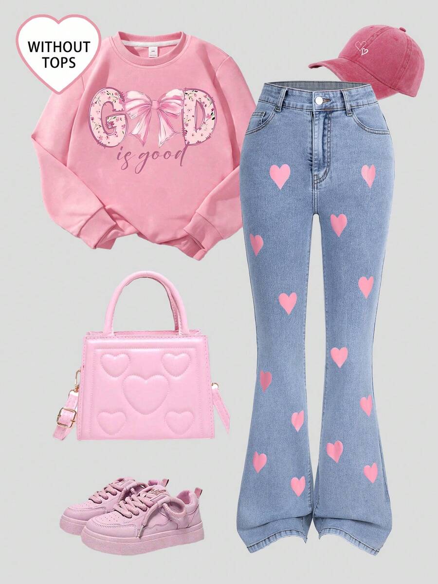 SHEIN ChillGRL 少女Y2K风格牛仔裤，情人节爱心元素，新品上市，休闲时尚百搭，适合多种风格，可爱兔子印花，复古中蓝色水洗，新款简约百搭蓝色水洗喇叭牛仔裤 - 淺色水洗藍 - 查看 1