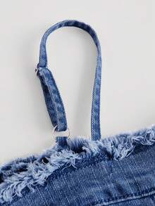 SHEIN MOD Women's Frayed Shoulder Flare Sleeve Single-Breasted Denim Blouse - Medium Wash - View 4