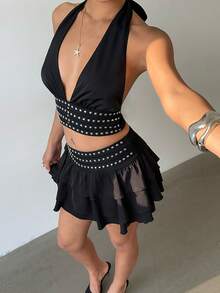 Aloruh Women's Rivet Decor Halter Backless Top And Mini Skirt 2 Pieces Set - Black - View 4