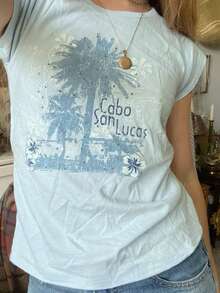 SHEIN Women's Fitted Short Sleeve T-Shirt With White Printed Graphic - Multicolor - View 1