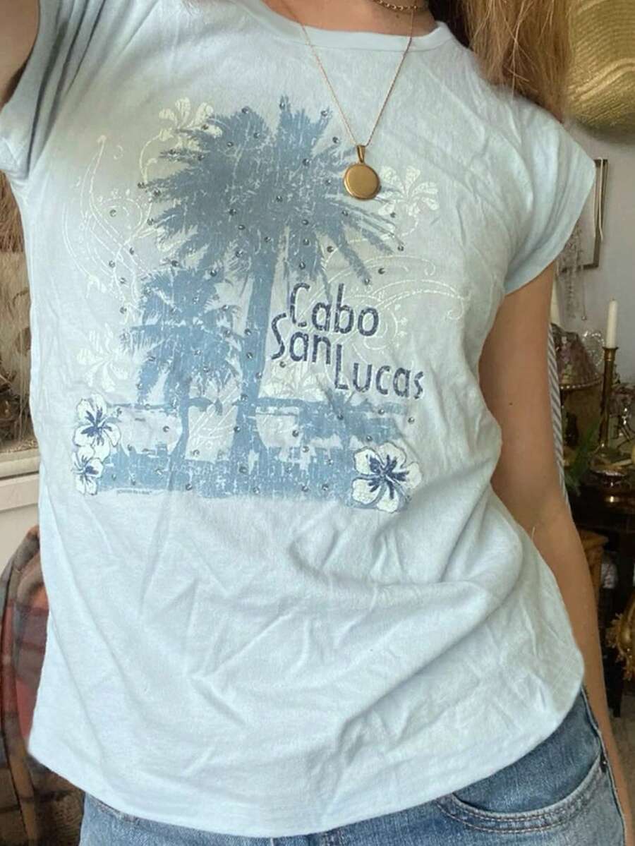 SHEIN Women's Fitted Short Sleeve T-Shirt With White Printed Graphic - Multicolor - View 1