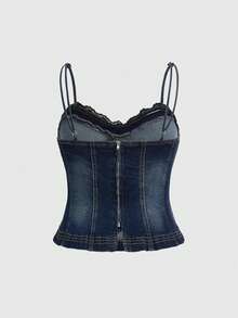 ROMWE Grunge Punk Áo hai dây denim phối ren kiểu vintage cỡ lớn - Màu xanh lam - Xem 2