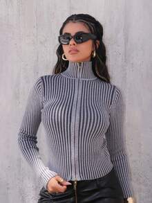 Rayane Ketlyn 罗纹高领拉链开衫 春季休闲 2000 年代 90 年代条纹 可爱 机场 假日 暑假 秋季 返校 秋季 冬季 日常 圣诞节 工作 办公室 - 深灰色 - 查看 5