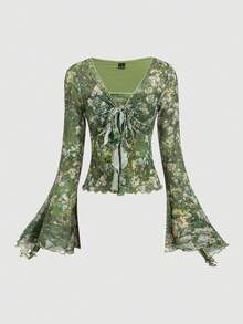 SHEIN MOD 女士复古浪漫优雅系带衬衫，可爱公主风T恤，海盗主题上衣，复古印花宽松衬衫，度假风，沙滩衬衫，绿色花卉图案，系带前襟，超大喇叭袖，外出上衣，乡村风，下午茶，节日，可爱上衣 - 綠色 - 查看 2