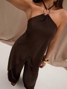SHEIN BAE 女士性感波西米亚风度假纯色不对称下摆露背系带吊带背心和阔腿裤套装，夏季 - 棕色 - 查看 7