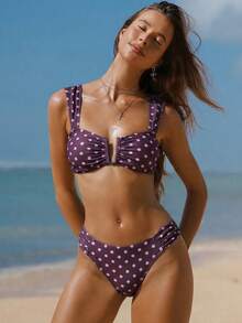 Swim Mod Bộ bikini nữ mới họa tiết chấm bi, dây đeo rộng, cổ chữ U, áo croptop và quần bikini xẻ cao, đồ bơi mùa hè gợi cảm. - Nhiều màu - Xem 4