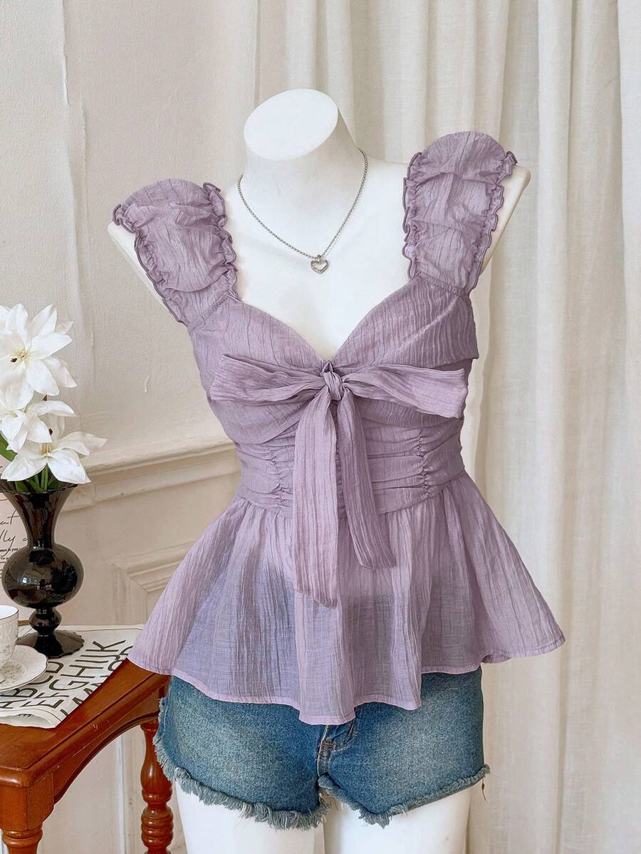Modelyn Women's Casual Knotted Sweetheart Neck Ruffle Hem Blouse, Summer - Mauve Purple - View 1