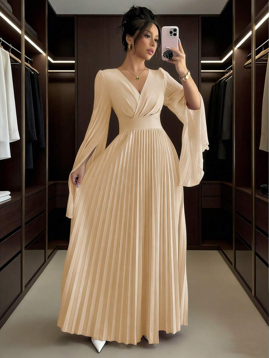 Elenzga V领褶裥开袖优雅浪漫女士连衣裙长款套装 - 卡其色 - 查看 1