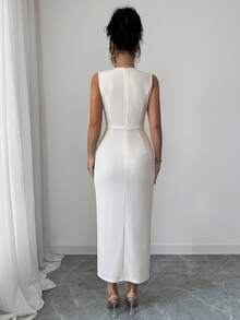 Elenzga 女士新款V领腰部褶皱不对称下摆开衩独特设计高端优雅教师服百搭时尚连衣裙 - 杏色 - 查看 2