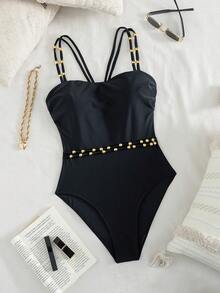 Swim Chiccia Maillot de bain une pièce moulant, couleur unie, décolleté ras-du-cou avec perles dorées à la taille, pour femmes. Idéal pour les vacances d'été - Noir - Voir 4