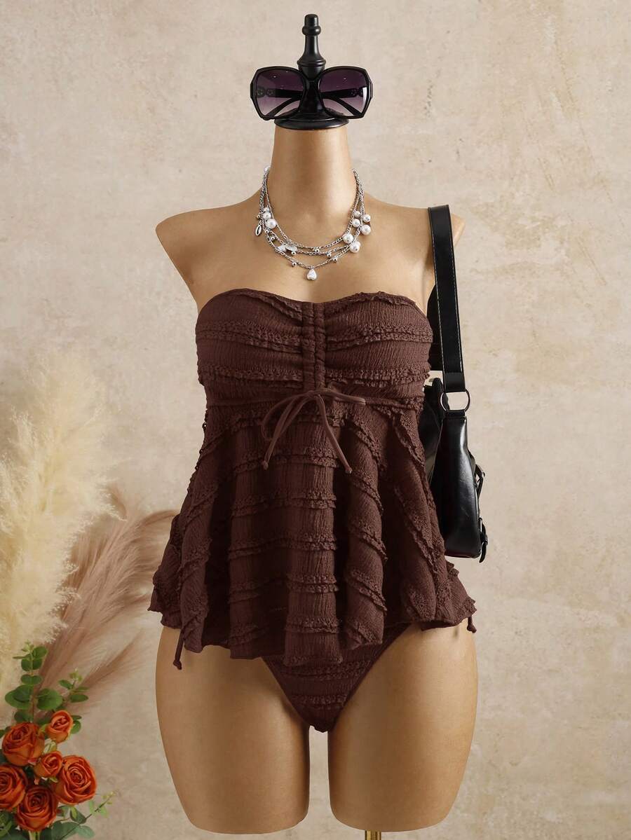 Bellisia Women's Lightweight Vacation Special Textured Fabric Burgundy Strapless Detachable Strap Mini Skirt Cute Camisole Bikini Top - Coffee Brown - View 1