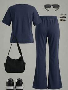 Teen Girl 2-Piece Set: Loose Fit Crew Neck Short Sleeve T-Shirt And Flare Pants, Navy Blue With White Horse Print, Casual And Fashionable, Suitable For Spring/Summer Daily Wear, Home, Vacation, School, Holidays - Multicolor - View 2