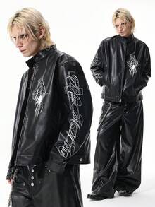 ROMWE MEN Goth Men's Fashion Spider Web & Letter Print Jacket - Black - View 10