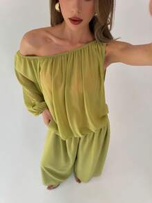 Aloruh 绿色雪纺不对称连体裤，复活节、圣帕特里克节、狂欢节、商务休闲女装、办公室女装、外出、约会之夜、教师装、演唱会女装、乡村演唱会女装、度假女装、工作装、节日装、婚礼及活动、海滩装、纯色派对连体裤 - 綠色 - 查看 5