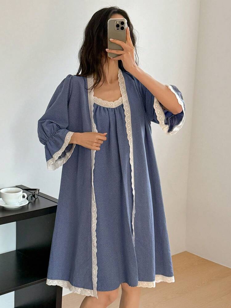 Women's Polka Dot Print Contrast Color Embroidered Lace Patchwork Robe & Camisole Nightgown Sleepwear Set
