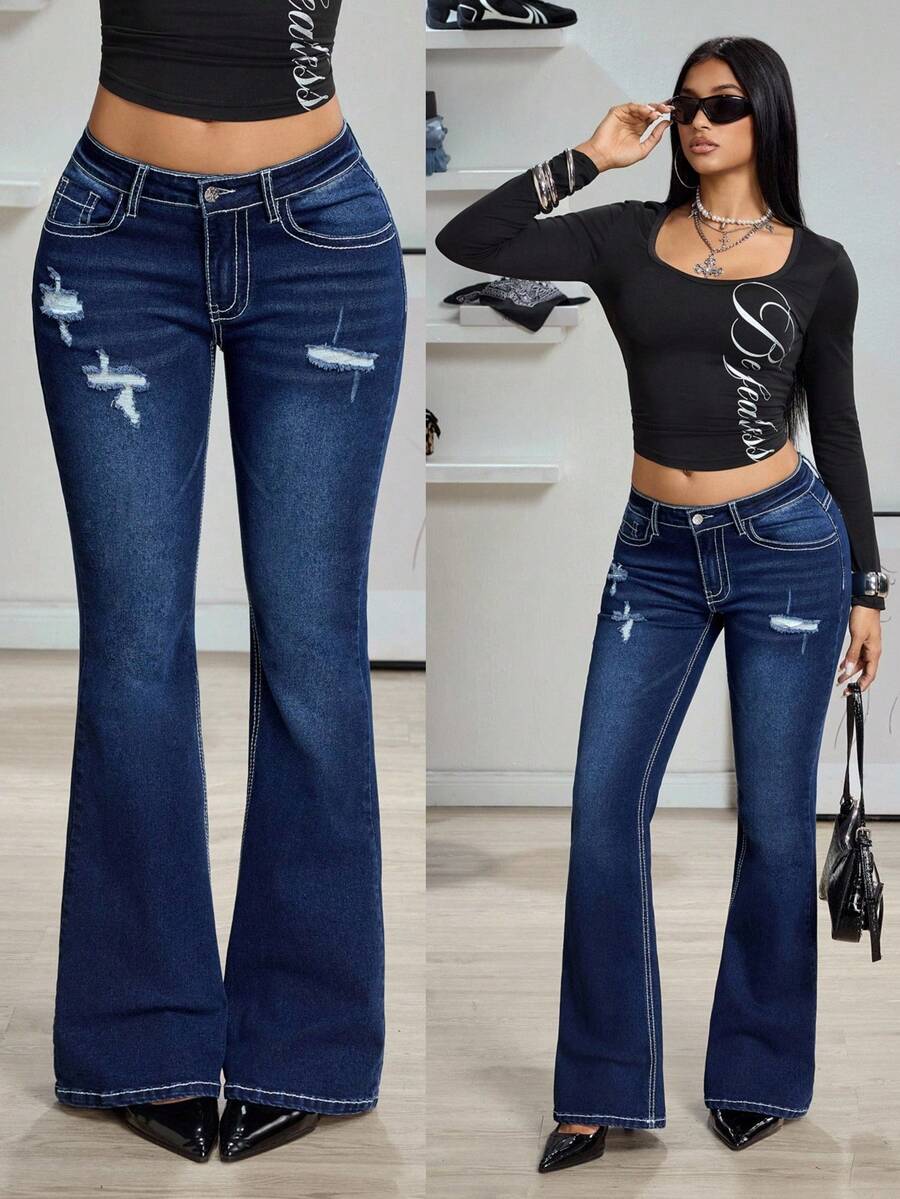 Jeanoix Quần jeans ống loe cạp thấp rách gối, phong cách Y2K, gợi cảm. - Rửa tối - Xem 1