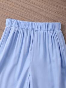 SHEIN 2pcs/Set Girls Elegant Light Blue Summer Tea Party Vacation Camisole Set,Solid Color Ruffle Collar Top And Wide Leg Pants Set With Back Strap Design - Blue - View 9