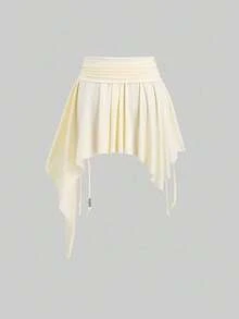 Sweetra Petite Bohemian Style Ruched Waist Asymmetrical Hem Brown Skirt, Suitable For Petite, Spring/Summer - Light Yellow - View 2