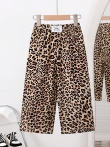SHEIN Sparklyn 年轻女孩和年轻女孩休闲宽松豹纹直筒裤，适合日常穿着，可搭配各种合身短款T恤或运动衫，秋季