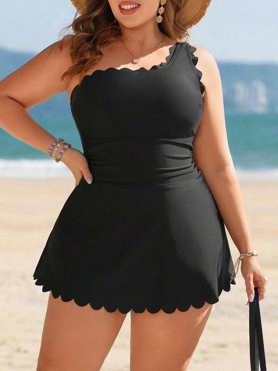 Swim Lushoire Plus Size Solid Color Flounce Hem Asymmetric Sexy Beach Party Swimsuit Dress - Black - View 1