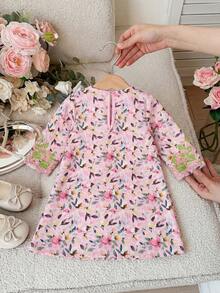 SHEIN Newborn Baby Girl Cute Floral Print Loose Long Sleeve Dress,Kids - Multicolor - View 2