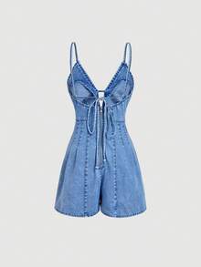 Sweetra Women's Deep V-Neck Back Zipper Design Denim Romper - Blue - View 2