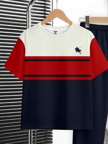 Bộ đồ thể thao cho bé trai tuổi teen, phong cách giản dị, tối giản, cổ điển, kiểu dáng sinh viên, logo ngựa nhỏ, phối màu cổ điển, áo thun tay ngắn cổ tròn rộng rãi, thoải mái và áo thun dài tay. - Nhiều màu - Xem 4