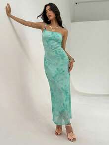 Aloruh Rochie elegantă cu imprimeu floral, pe un umăr, ținute casual și de petrecere - Verde - Vizualizare 2
