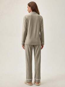EURMUSE Classic Button Front Pajama Set – Soft Long Sleeve Top & Comfy Straight Leg Pants Loungewear - Beige - View 2