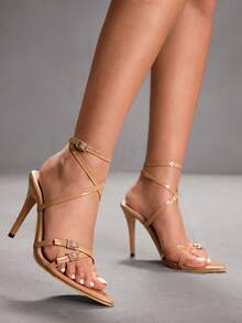 CUCCOO SZL 女士时尚尖头细高跟杏色细带钻石扣带高跟凉鞋性感派对宴会夜店女凉鞋 - 杏色鑽扣 - 查看 5