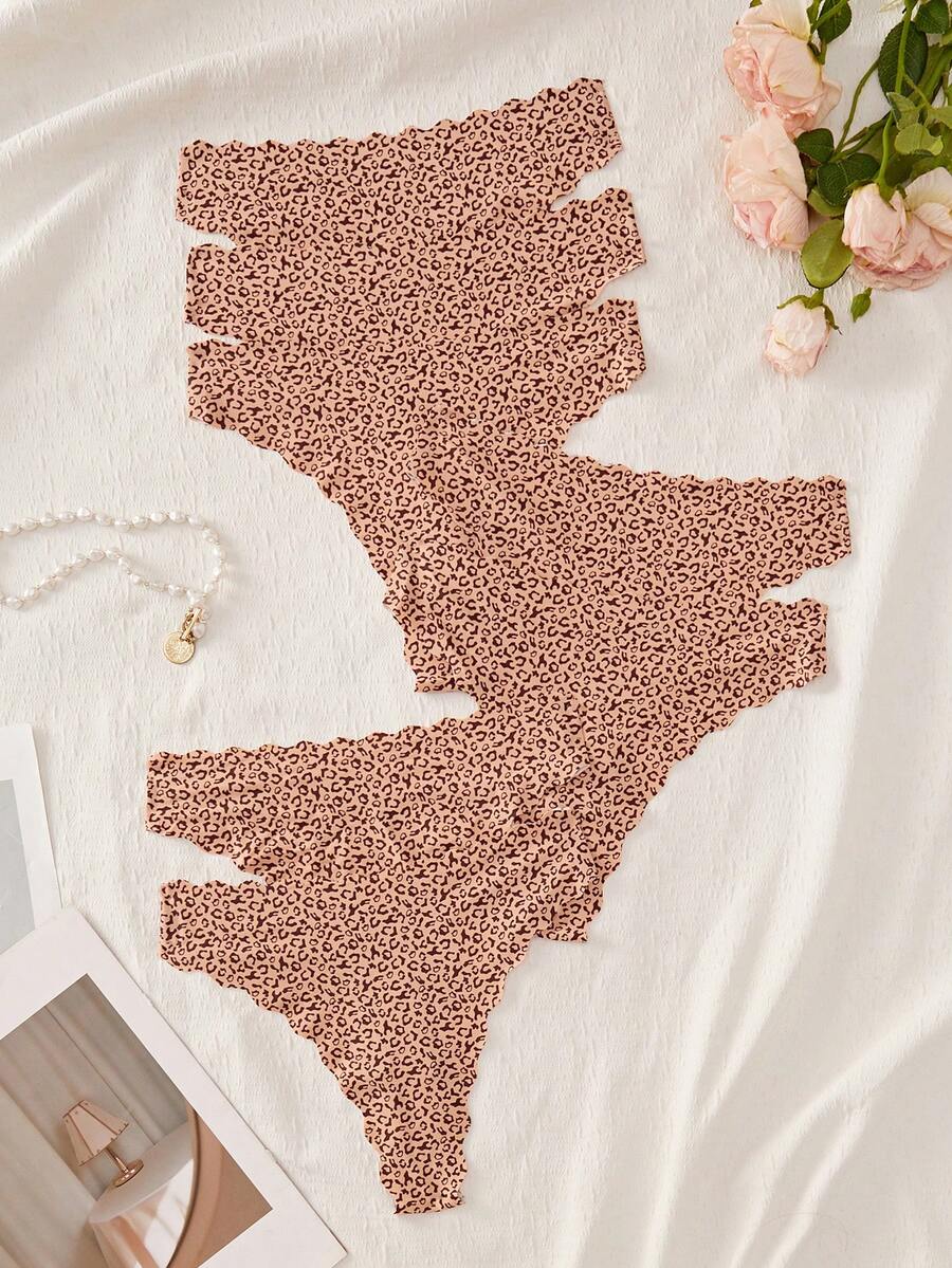 7pcs Women's Leopard Print Shell Trim Seamless Thongs - Multicolor - View 1