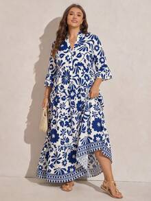 Comfylo Đầm rộng rãi, cổ chữ V, tay bồng, xếp tầng, họa tiết hoa dành cho nữ, thích hợp cho kỳ nghỉ hè. - Màu xanh lam - Xem 6