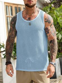 Manfinity Homme Men's Crew Neck Hollow Out Jacquard Casual Versatile Daily Wear Tank Top - Blue - View 3