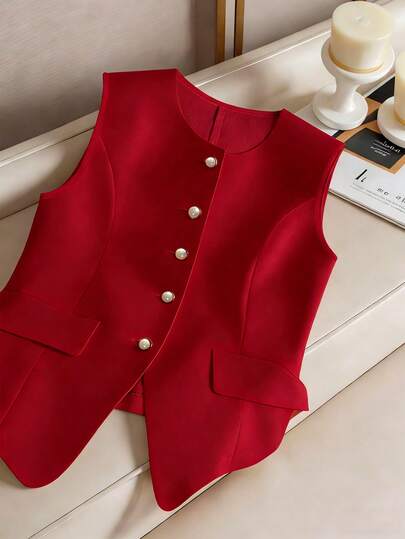 Franclia Fashionable Sleeveless Single-Breasted Waist Cinched Faux Pocket Women Shirt, Versatile For Daily Wear Red Clothes Women Vest Red Blouses Red Vest Women's Red Vest Red Suit Vest Blouse For Women Elegant Classy Suits For Ladies Elegant Vest Suit For Women Suits For Woman Set Outer Wear For Sleeveless Dress