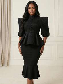 Anewsta Women's Elegant Palace-Style High-End Jacquard Puff Sleeve Ruched Waist Chic Blouse - Black - View 5