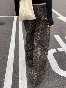 DAZY Women's Leopard Print Pocket Loose Fit Wide Leg Jeans Y2k - Khaki - View 2
