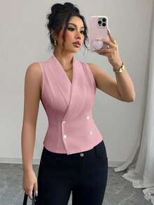 Elenzga Áo sơ mi nữ không tay thanh lịch, thời trang, cổ tròn, cài cúc phía trước, có túi, thắt eo, xẻ tà phía trước, phối màu đen trắng, viền tương phản ở cổ áo, tay áo và gấu áo. - Hồng - Xem 6