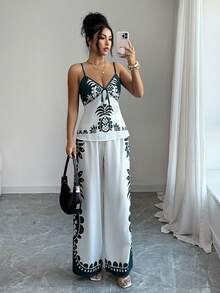 Rafferiza Women's Summer Beach Vacation Floral Print Fitted Camisole And Wide Leg Pants 2 Pieces Set - Green - View 3