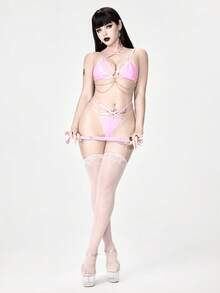 ROMWE Grunge Punk Dunkel Straßen Punk Rosa Punk PU Dreieck Cup BH & String Sexy Dessous Set